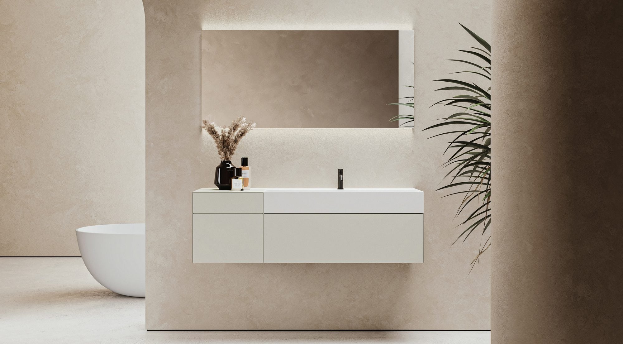 Meuble vasque suspendu, miroir lumineux et baignoire îlot